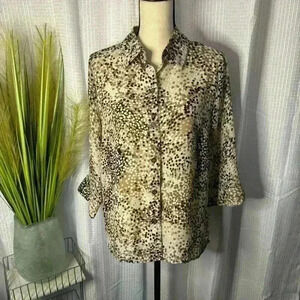 Naomi Women’s M Festive Gold/Black Polka Dot 3/4 Sleeve Sheer Chiffon Blouse Top